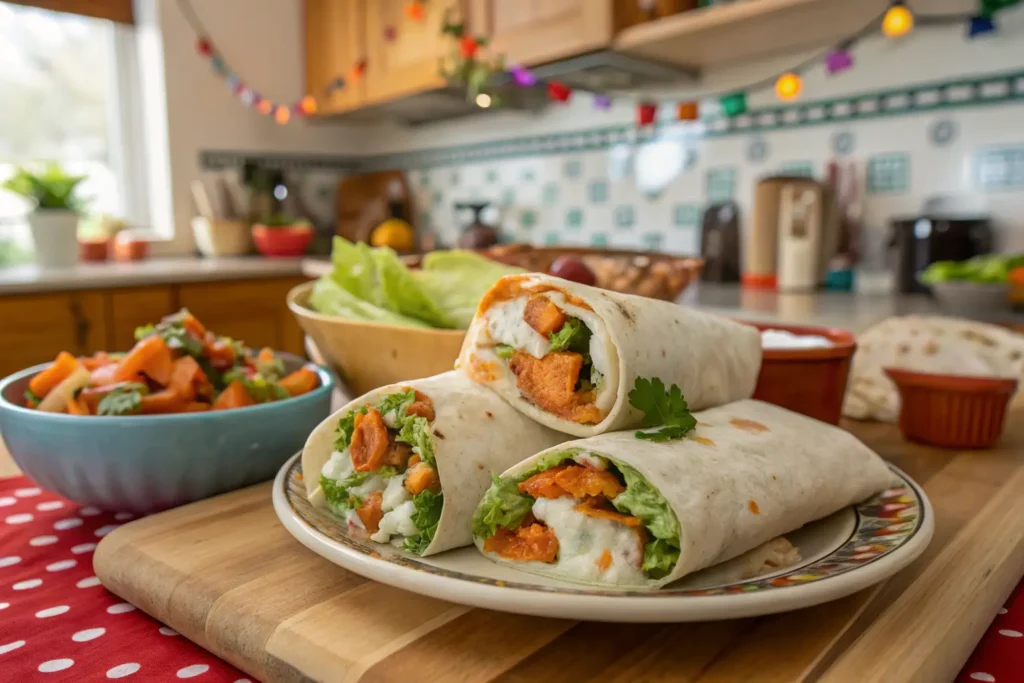 Close-up of buffalo chicken wraps stuffed with grilled chicken, tangy buffalo sauce, and fresh vegetables.