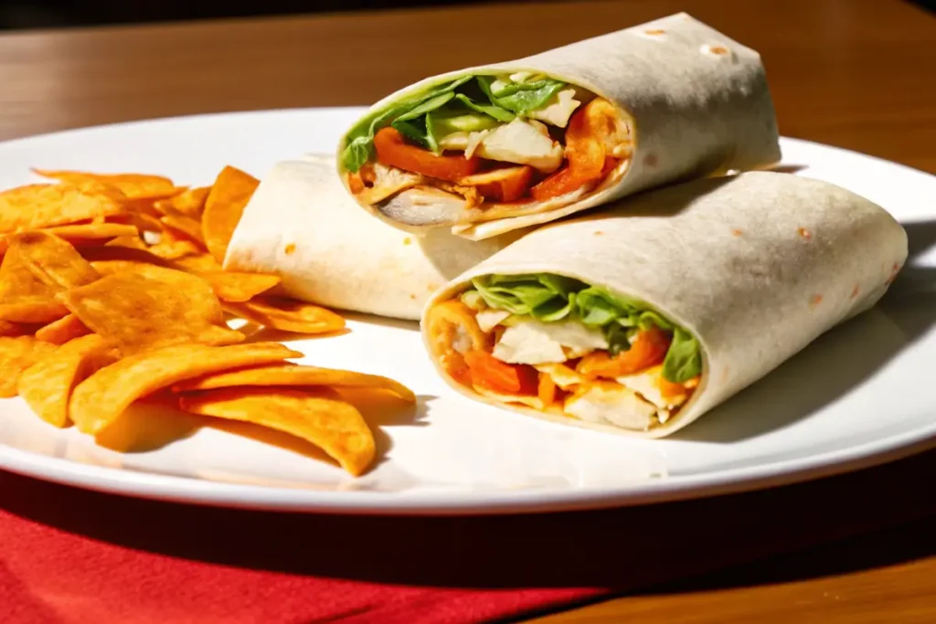 Buffalo chicken wraps served with a side of dipping sauce and garnished with fresh herbs.