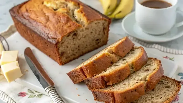 Freshly baked banana bread with frosting, wrapped tightly for storage to preserve its flavor and texture.