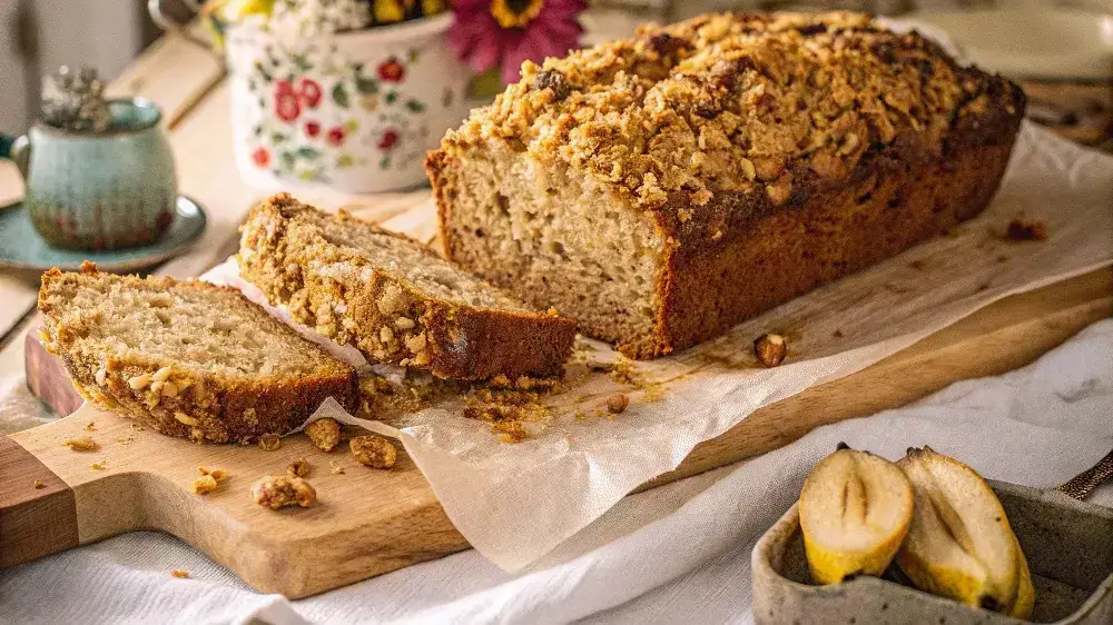 Delicious homemade banana bread loaf with ripe bananas, ready to be served for breakfast, snack, or dessert.