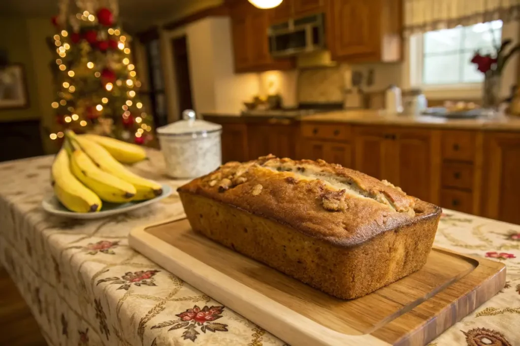 How To Store Leftover Banana Bread? Wrapped banana bread on a kitchen counter.