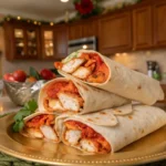 Buffalo chicken wraps filled with spicy chicken, lettuce, cheese, and ranch dressing on a wooden plate.