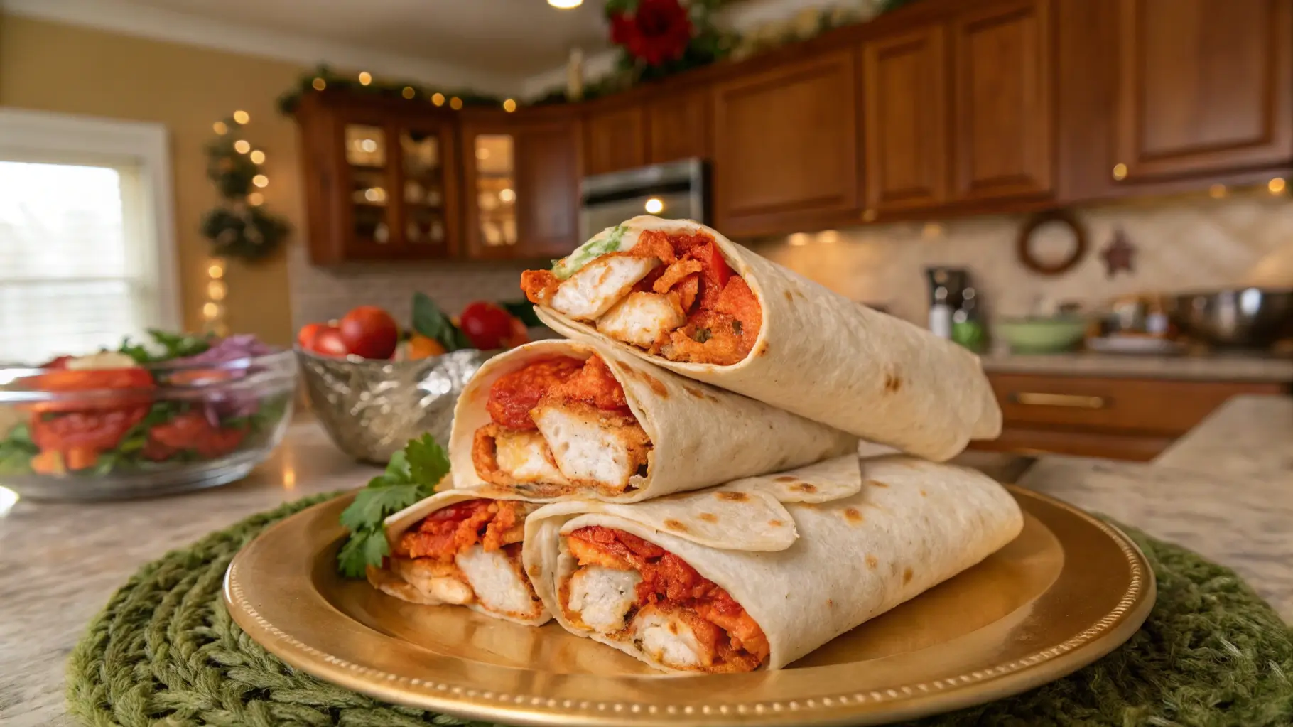 Buffalo chicken wraps filled with spicy chicken, lettuce, cheese, and ranch dressing on a wooden plate.