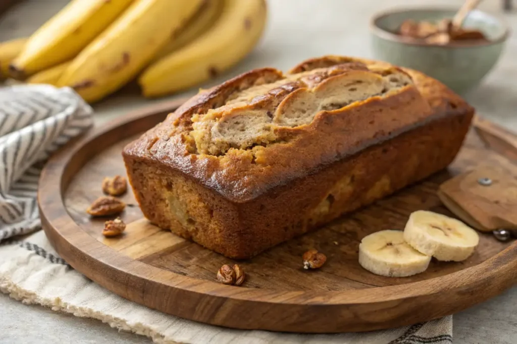 How Long Can I Store Banana Bread? Freshly baked loaf on a wooden board.