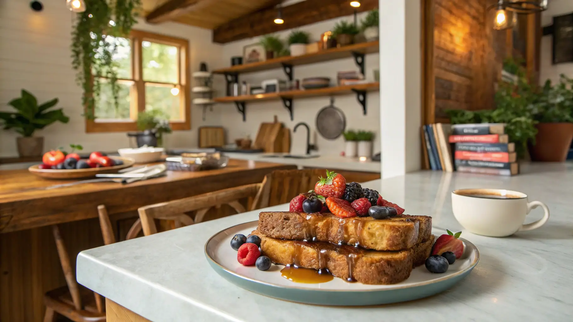 Sourdough French Toast with fresh berries and powdered sugar, served with syrup.