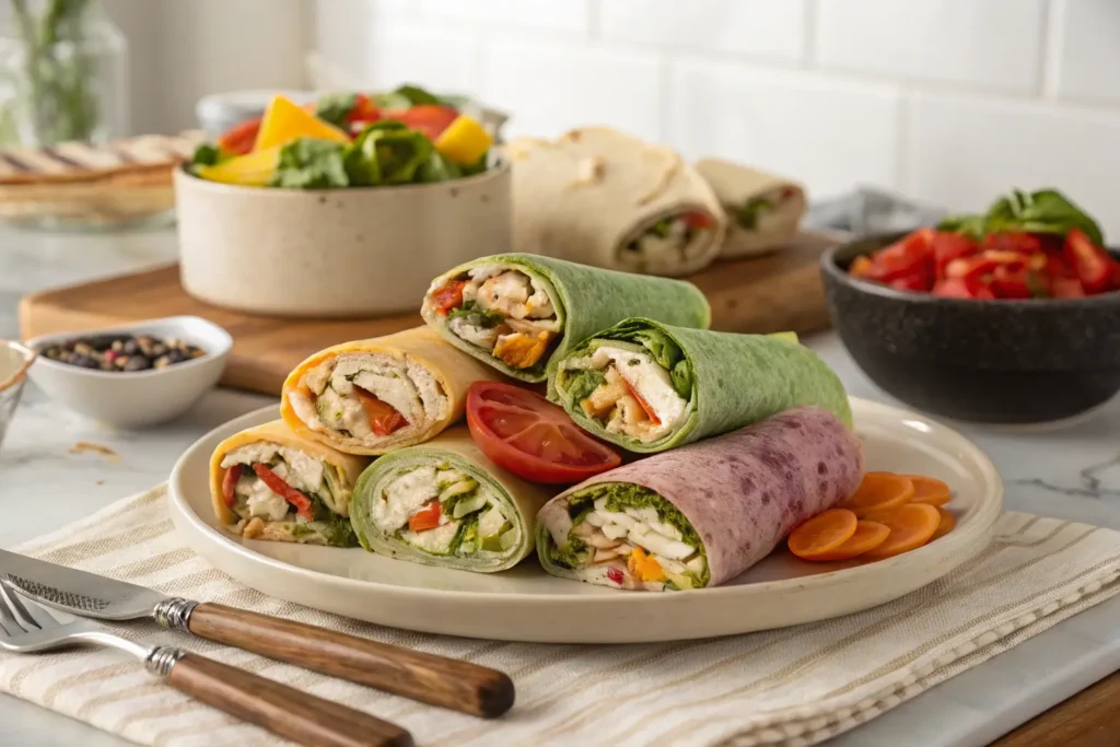 Can I eat wraps every day? A close-up of a wrap cut in half, showing fresh ingredients inside